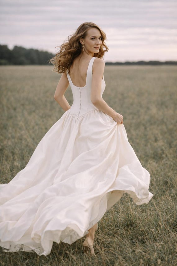SOPHIA Minimalist Satin Wedding Dress, Square Neck Bridal Gown, Soft A-Line Ivory Dress, Low Back Button Wedding Dress, Simple Elegant Gown