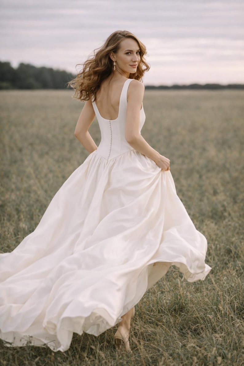 SOPHIA Minimalist Satin Wedding Dress, Square Neck Bridal Gown, Soft A-Line Ivory Dress, Low Back Button Wedding Dress, Simple Elegant Gown image 1