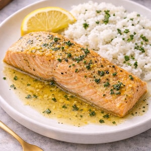 May include: A plate of cooked salmon with a lemon wedge and a side of white rice. The salmon is golden brown and drizzled with a sauce. A gold fork is in the foreground.