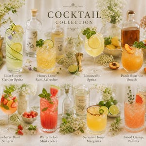 May include: A selection of cocktails, such as Elderflower Garden Spritz and Blood Orange Paloma, are presented with garnishes and ingredients. The image features the text "COCKTAIL COLLECTION" and bottles of gin, tequila, and other spirits.