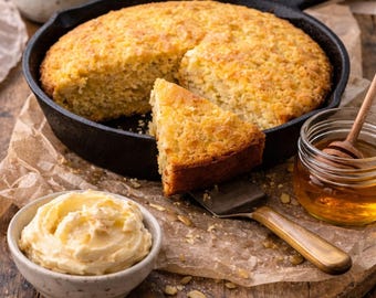 Golden Skillet Cornbread with Salted Honey Butter | Souther Comfort Bake | Gourmet Side Dish Recipe | Digital Download