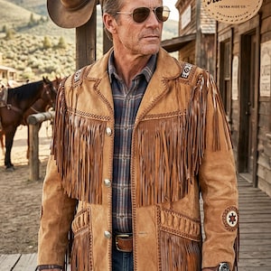 Chaqueta vaquera de cuero de gamuza para hombre, estilo nativo americano, con flecos.