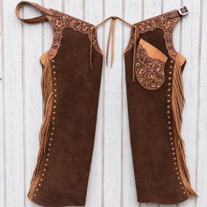 Western Cowboy Chinks With Pocket Hand Tooled Leather Fringe Bull Riding Chaps Ranch Riding Gear Equestrian Gift