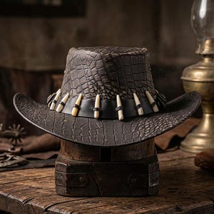 Peut inclure: Un chapeau marron foncé avec un motif texturé en peau de crocodile. Le chapeau présente une bande en cuir noir ornée d'une série d'accents blanc cassé en forme de dents pointues entourant la calotte. Le bord est large et légèrement incurvé.