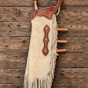Suede Leather Cowboy Chaps Handtooled Beige Western Fringe Chinks Rodeo Riding Gear Floral yoke