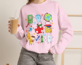 Sweatshirt mit niedlicher Schulmaterial-Illustration | Rucksack mit Apple Pencil-Globus