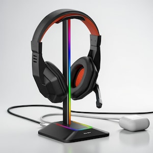 May include: Black gaming headphones with orange detailing are displayed on a black stand with a rainbow LED light. The stand has a square base with the text "New Bee". A white charging case is also present.