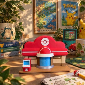 May include: A red and white Pokémon Center model with a blue door and a small red kiosk. The model sits on a wooden surface, surrounded by Pokémon-themed decor, including posters, books, and a mug. A pencil with a Pokéball eraser rests on a notebook.