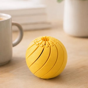 May include: A bright yellow sphere-shaped object with curved, segmented lines. The object is on a wooden surface, with a mug and a plant in the background. The sphere has a unique, textured design.