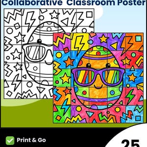 Peut inclure: Une affiche collaborative pour la classe avec un motif d'œuf de Pâques, divisée en 25 pièces. Une version est en noir et blanc, l'autre en couleurs vives. Le texte "EASTER EGG Collaborative Classroom Poster" est affiché en haut.
