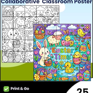 Peut inclure: Une affiche de classe collaborative sur le thème de Pâques avec le texte "EASTER EGG". L'affiche présente un lapin, un mouton, des poussins et des œufs de Pâques. L'affiche est divisée en 25 pièces et comprend le texte "Easter Time".