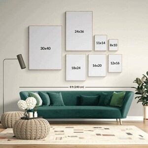 May include: A wall display of framed art prints in various sizes, including 30x40 inches, 24x36 inches, 11x14 inches, 8x10 inches, 18x24 inches, 16x20 inches, and 12x16 inches. The prints are displayed above a teal sofa.