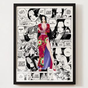 Può includere: Un poster incorniciato con uno sfondo a collage manga in bianco e nero e un'illustrazione a colori di un personaggio dai capelli lunghi in un abito rosso con motivi floreali verdi e bianchi, in piedi con le braccia incrociate su una gonna con spacco.