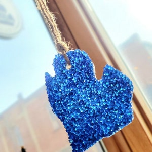 Op de afbeelding: Een blauwe luchtverfrisser in de vorm van Michigan, bedekt met kleine, glinsterende kralen, hangt aan een natuurlijke touwtje. De tekst "Bay City Blueberry" is zichtbaar. Dichtbij een raam.