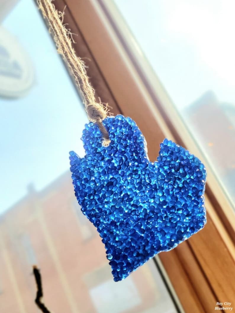 Op de afbeelding: Een blauwe luchtverfrisser in de vorm van Michigan, bedekt met kleine, glinsterende kralen, hangt aan een natuurlijke touwtje. De tekst "Bay City Blueberry" is zichtbaar. Dichtbij een raam.