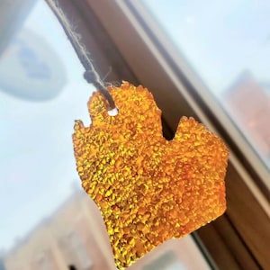 Op de afbeelding: Een gouden, getextureerd ornament in de vorm van de staat Michigan, hangend aan een bruin touwtje. Het ornament heeft een bubbelachtig, gekristalliseerd uiterlijk. De achtergrond toont een raam en een gebouw.