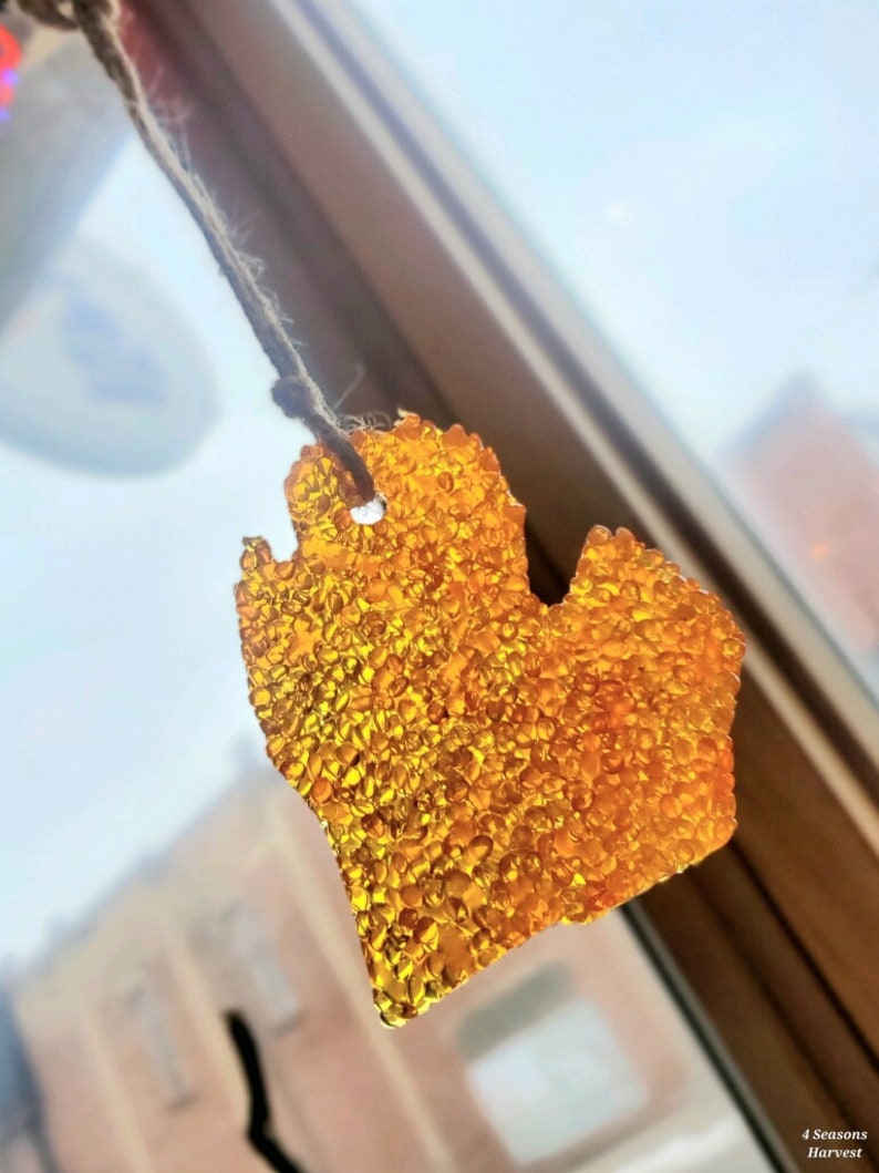 Op de afbeelding: Een gouden, getextureerd ornament in de vorm van de staat Michigan, hangend aan een bruin touwtje. Het ornament heeft een bubbelachtig, gekristalliseerd uiterlijk. De achtergrond toont een raam en een gebouw.