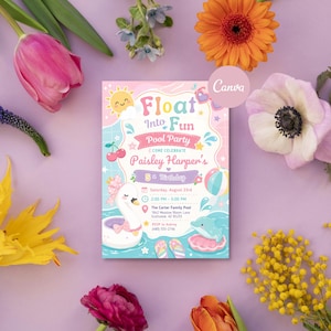 Float Into Four 4th Birthday Pool Party Invitation Editable Canva Template Preppy Groovy Summer Swim Invite