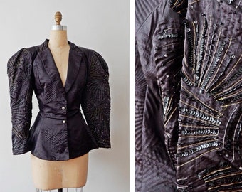 Vintage Couture 80s Puff Sleeve Beaded Sequin Peplum Evening Cocktail Jacket/ Made in England/ D.P Designs Christina Stambolian/ Small