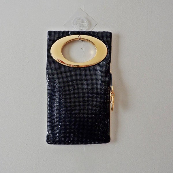 Vintage 90s Black Metallic Mesh Cut Out Gold Oval Handle Wristlet/ Evening Handbag/ IMAN / Elegant Small Clubbing Handbag/ Art Deco/