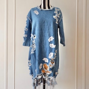 Vintage 90s Distressed Denim Tunic Dress: Floral Lace Appliqué, Medium