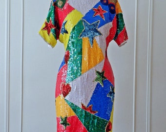 1980s Rainbow Disco Sequin Dress – Heart & Star Bodycon Mini – Vintage Party Statement-Medium