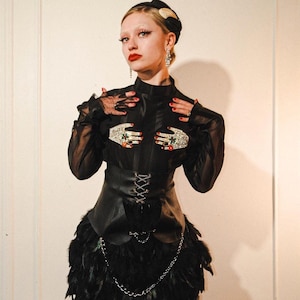 Black Gothic Feather Corset Dress: Beaded Hand Avant Garde Statement Piece