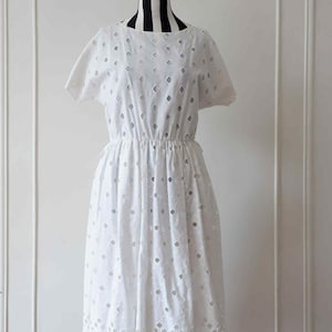 Vintage White Eyelet Dress – 1950s Style Cotton Midi with Scalloped Hem | Summer Picnic Dress | Cottage-core Bridal Shower Outfit/ Medium