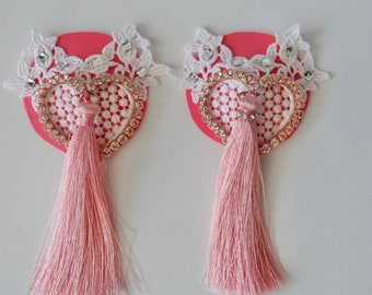 Pink And White Heart Lace And Rhinestone Pastie With Tassel