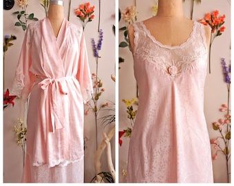 70s Dior Pink Nightgown Slip & Robe/ Christian  Dior Peignoir/ Small