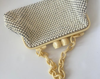 Vintage White Alumesh Purse by Whiting & Davis with Ivory Plastic Chain 1940s 1950s Mesh Handbag