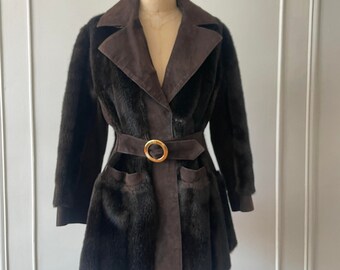 Vintage 70s Lilli Ann Brown Belted Coat/ Boho Faux Fur And Suede Notch Collar/ Made In England/ Size 8