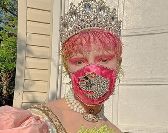 VOGUE Rhinestone Hand Bedazzled Hot Pink Satin Mask/ Wedding Special Occasion Mask/ Evening Mask/ Glam Designer Couture/ Made in NYC