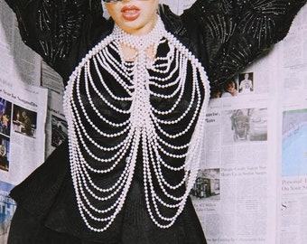 Vintage 90s Pearl Layered Body Necklace/ Pearl Ribcage/ Statement Piece Body Pearls