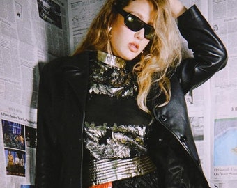Vintage 80s Black Sheer With Gold Floral Print Blouse/Metallic Lame Gold Couture Engelman&#39;s Fashions Long Sleeve Blouse/ Medium