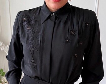 Vintage jaren 80 zwarte geborduurde biezen blouse | Statement-shirt met bloemenapplicatie XL