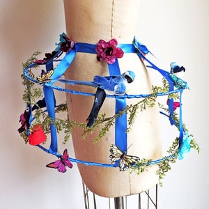 Blue Bird Cage Floral Hoop Victorian Bustle Petticoat/ Steampunk Cage Crinoline Skirt/ 2 Hoop Pannier Floral Skirt/  Bustle Underskirt Slip