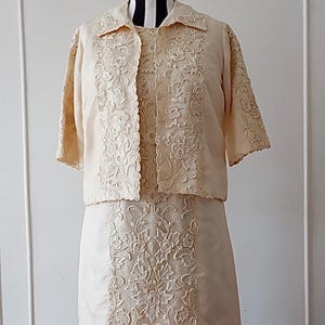 Vintage 1960s Wedding Dress Set | Retro Cream Two-Piece Bridal Ensemble | Embroidered Short Sleeve Jacket & Sheath Dress | Mod Bridal Look |