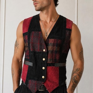 Vintage Patchwork Suede Vest: Red Black Plaid Grunge Punk Asymmetrical Button Up (Large)