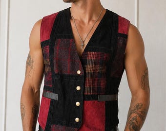 Kamizelka zamszowa w stylu vintage, patchworkowa: czerwono-czarna krata, grunge, punk, asymetryczna, zapinana na guziki (duża)