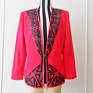 Vintage 80s Red Wool Beaded Blazer/ Ivana Blazer/ Squared Shoulders/ Statement Jacket