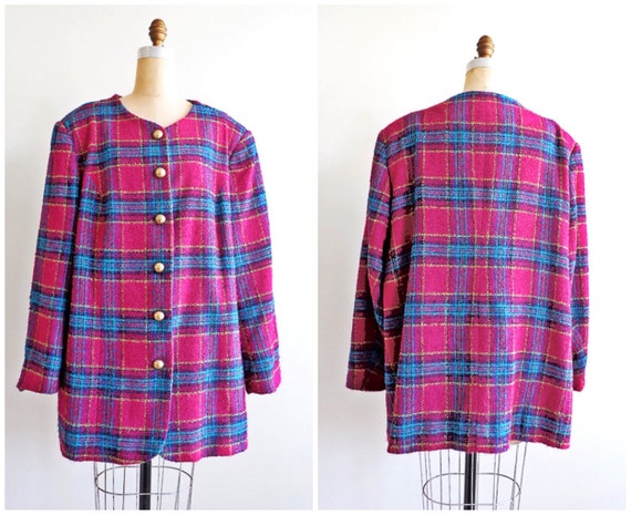 Vintage 80/'s Plus Size Plaid Tweed Magenta Blazer 2XL Fuchsia Oversized Plaid Tailored Jacket Plus Size Vintage Koret Blazer