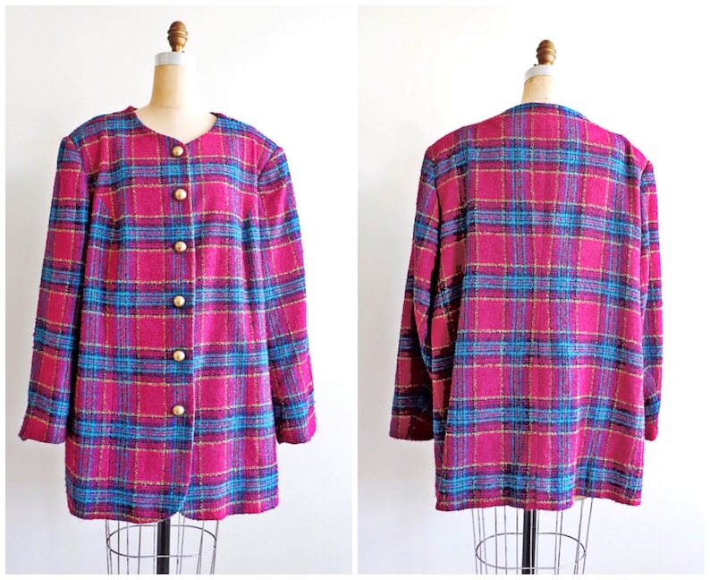 Vintage 80/'s Plus Size Plaid Tweed Magenta Blazer 2XL Fuchsia Oversized Plaid Tailored Jacket Plus Size Vintage Koret Blazer