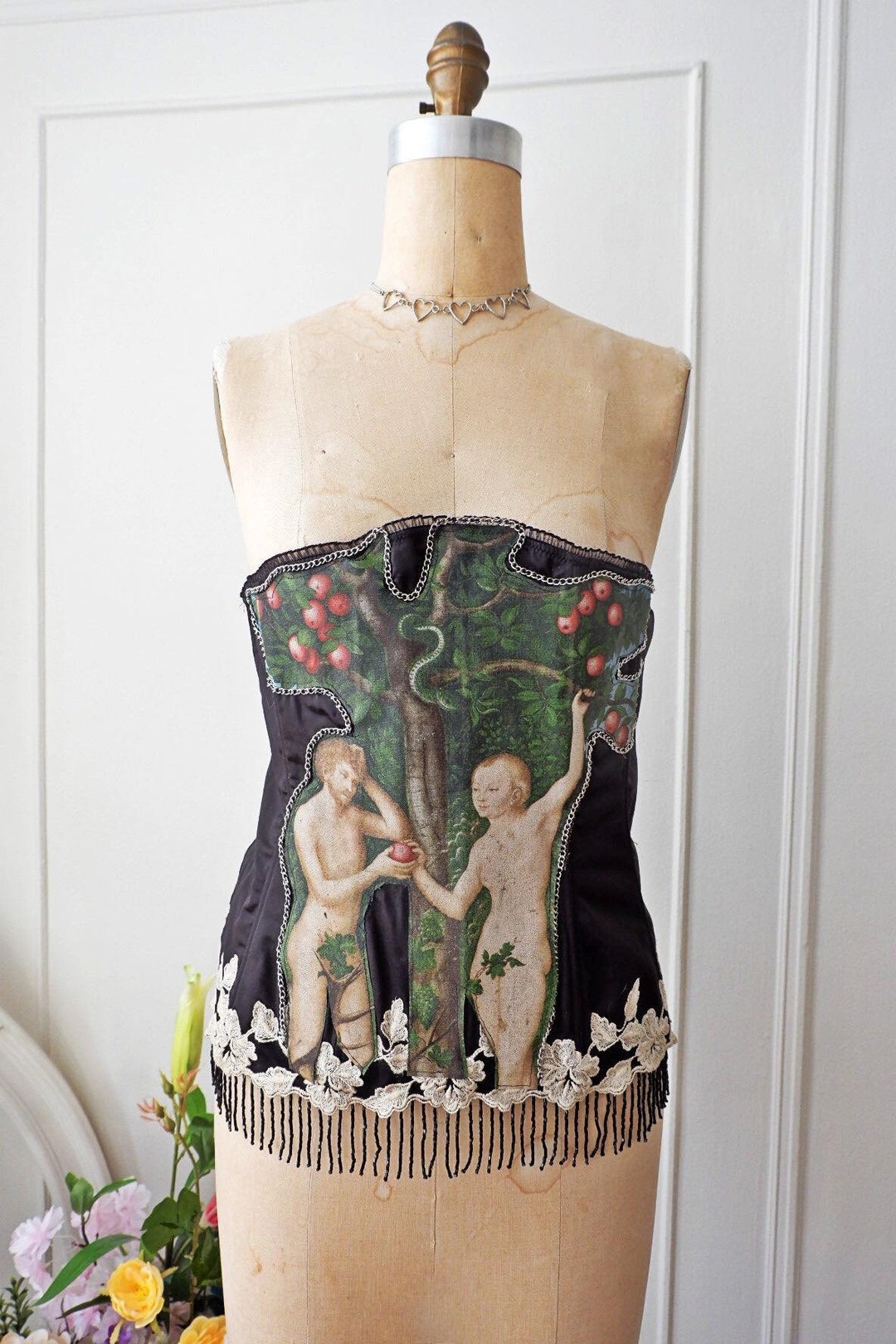 Eva Lady Womens Elegant Gothic Crucifix Embellished Corset With Fringed Mesh Train