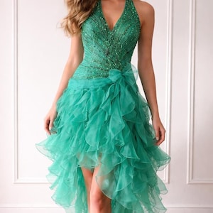 art deco cocktail dress with halter neck in dusty emerald Emerald Green Halter Dress