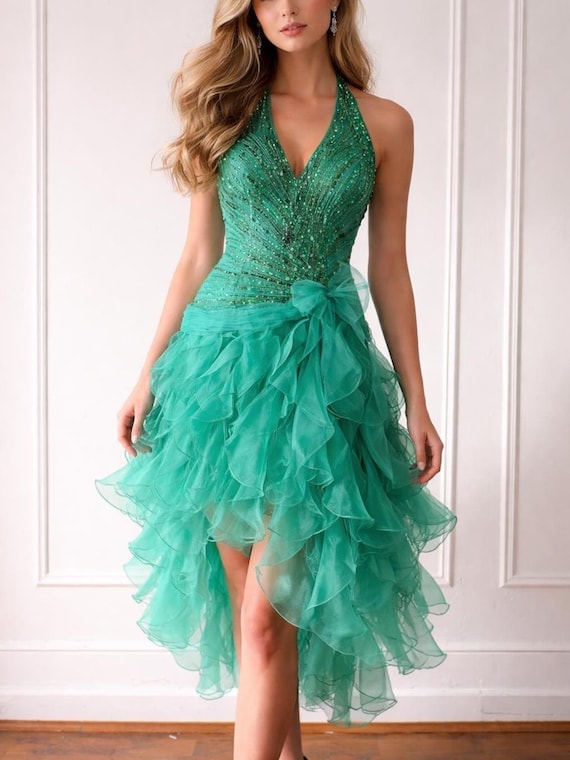 asymmetrical ruffle halter dress Y2K Emerald Ruffled Dress/Beaded Organza Fairy Mermaid Gown/ Size 6 Stylist Q W Midi Dresses SHEIN PariChic White And Size:30E