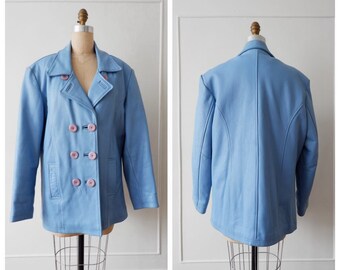 Vintage 70s Mod Light Blue Leather Peacoat/ Pastel Blue "American Born" Collection Coat/ Large