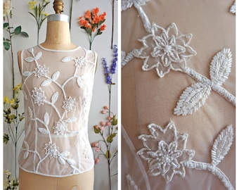 White Sheer Mesh Beaded Floral Top/ Chiffon  Embroidered Blouse/ Bridal Wedding Beaded Top/ Small