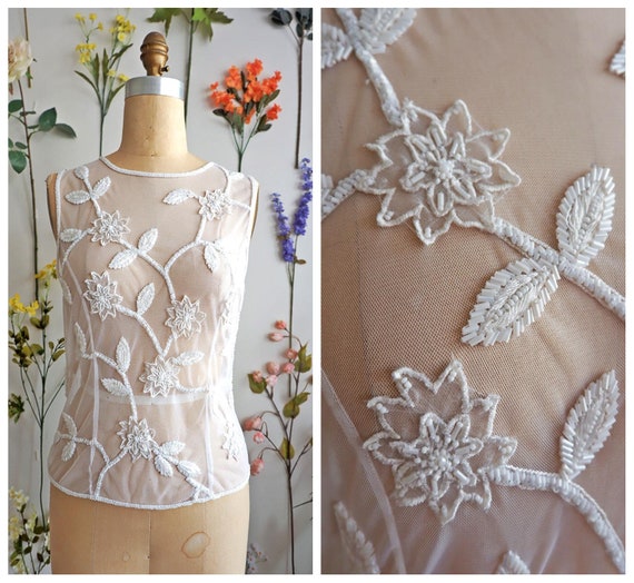 White Sheer Mesh Beaded Floral Top/ Chiffon  Embr… - image 1