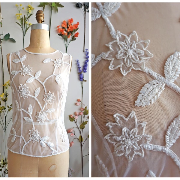 White Sheer Mesh Beaded Floral Top/ Chiffon  Embroidered Blouse/ Bridal Wedding Beaded Top/ Small